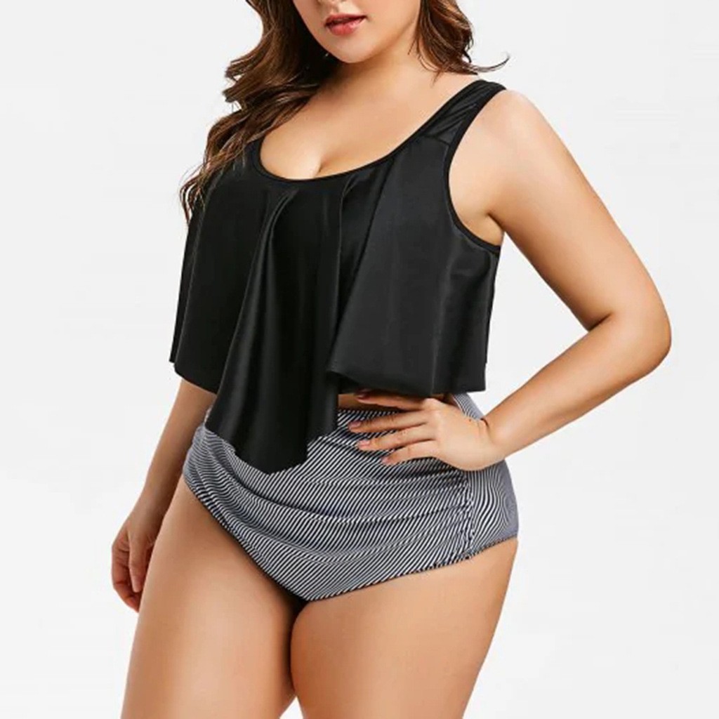 Cross-border European and American Swimsuit New bikini High Waist Ruffle Printed Swimsuit Striped Split bikini Plus Size
