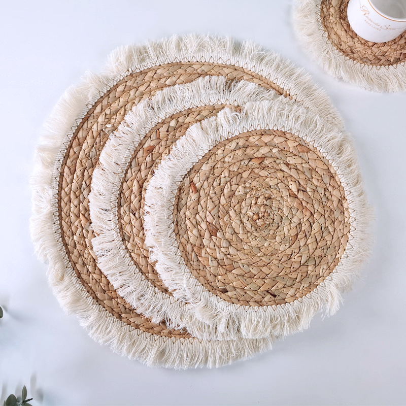 Amazon Round Straw Mat Water Hyacinth Straw Woven Western Restaurant Table Mat Thickened Heat Insulated Tassel Side Coaster