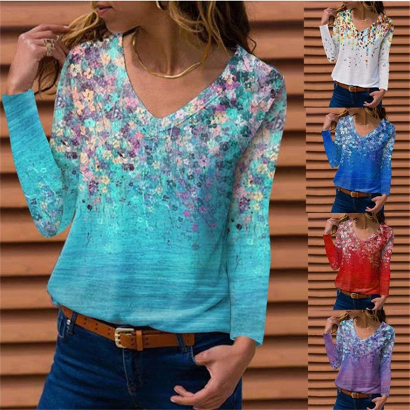2024 Cross-border Europe and the United States wish Amazon Independent Station Fall/Winter New V-neck Printed Long Sleeve Women's T-shirt Top