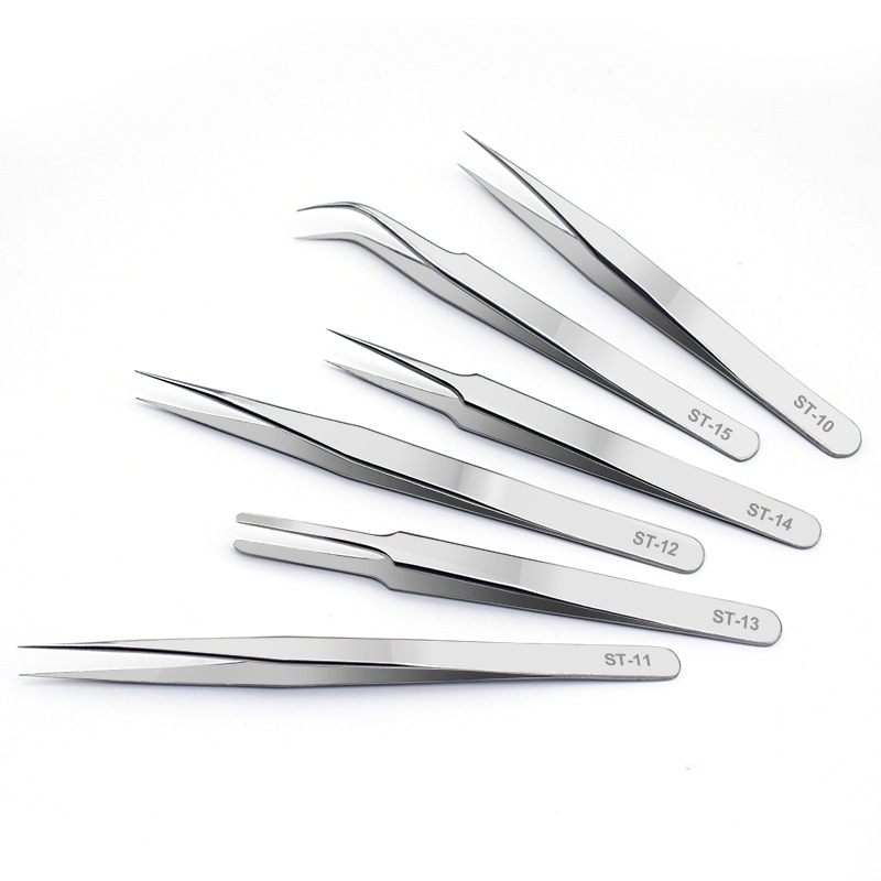 Stainless steel anti-static pointed tweezers ESD high precision straight curved flat head anti-magnetic Bird's Nest pick hair clip repair tool