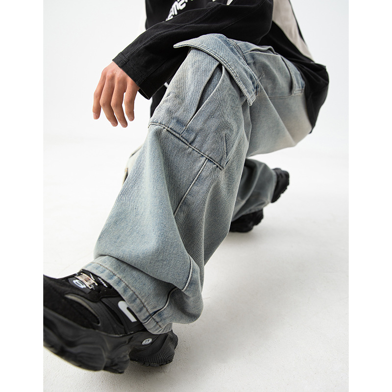 Original multi-pocket design men's spring denim washed distressed trendy brand loose Japanese denim pants
