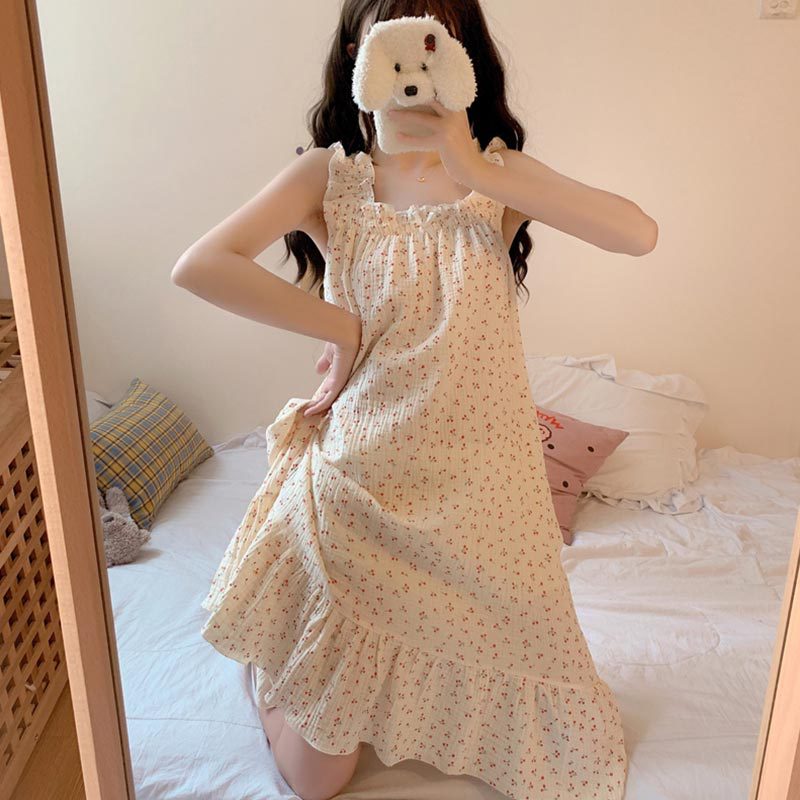 Bubble Wrinkled Pajamas Women's Nightgown Short Sleeve Korean Loose Korean Loose Cute Girls' Heart Sling Home Clothes Cross-border Wholesale