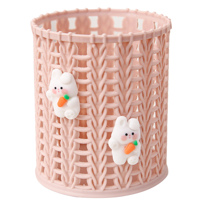 Korean Creative Cartoon Plastic Round Desktop Storage Barrel Student Stationery Pen Storage Box Imitation Rattan Braided Pen