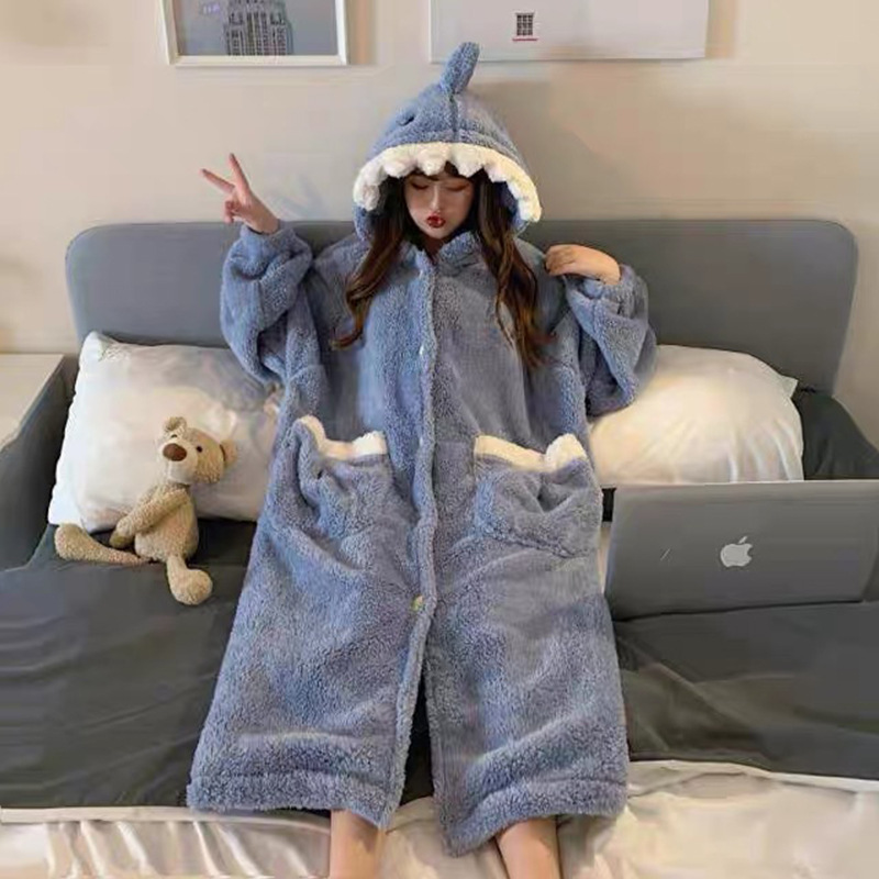 Shark Nightgown Pajamas Women's Autumn and Winter Coral Fleece Long Cute Loose Bathrobe Thickened Fleece-Lined Winter Home Clothes