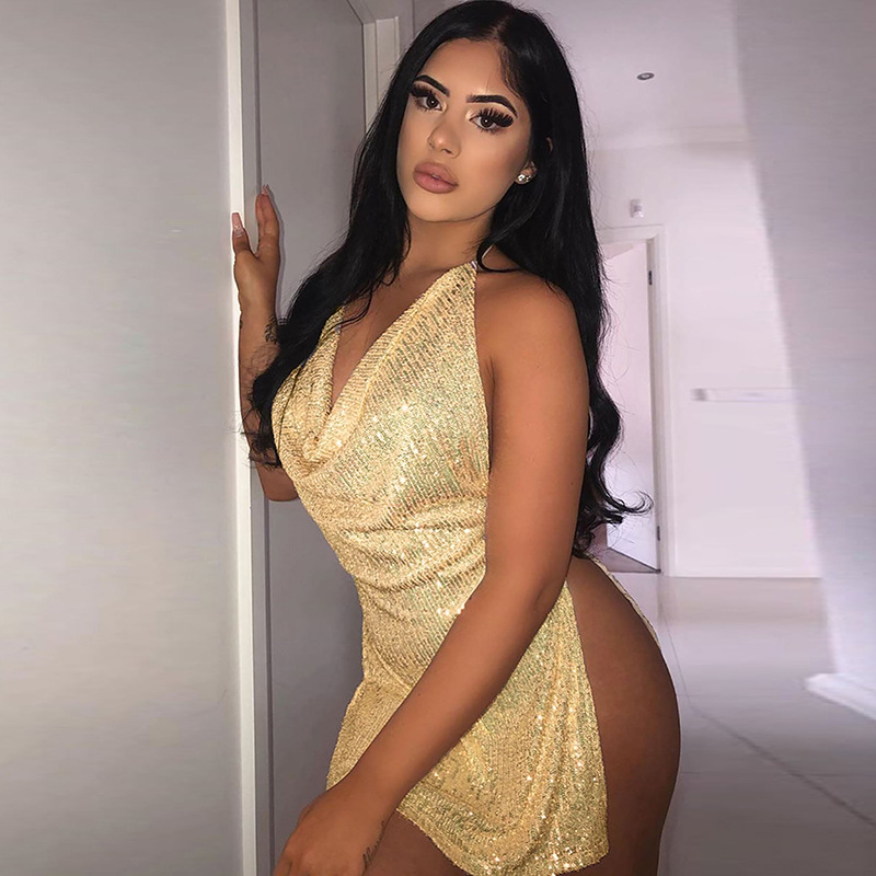 European and American AliExpress New Street Style Sexy Backless Hollow Neck Short Women's Dress