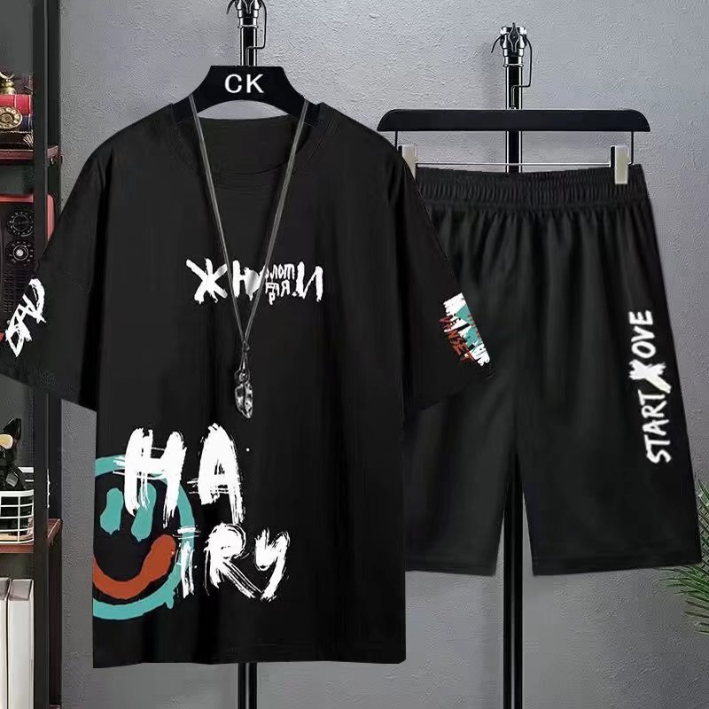 Men's sports casual suit summer ice silk thin fashion brand trendy summer short sleeve shorts suit men's clothing