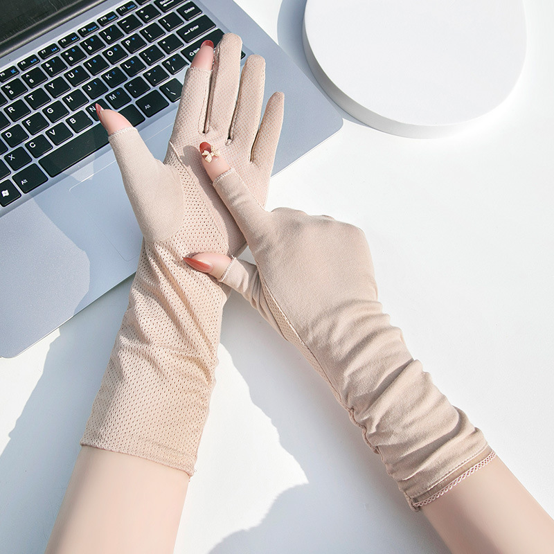 Sunscreen Gloves Women's Mid-Length Summer Thin Driving Ride Tea Picking Nail Art Non-Slip Cotton Breathable Open Fingers Spring and Autumn Half Finge_voghion.com