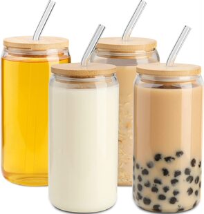 Wholesale Mason Cup Glass Bottle 16oz Can Glass Coke Cup Bamboo Lid Straw Drink Glass High Boron