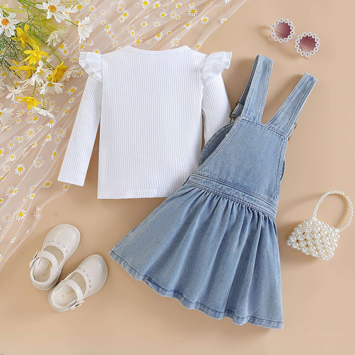 Cross-border Children's Wear Spring and Autumn Girls' New Stylish Suit Girl's Ruffled Lace Long Sleeve Top Denim Strap Dress