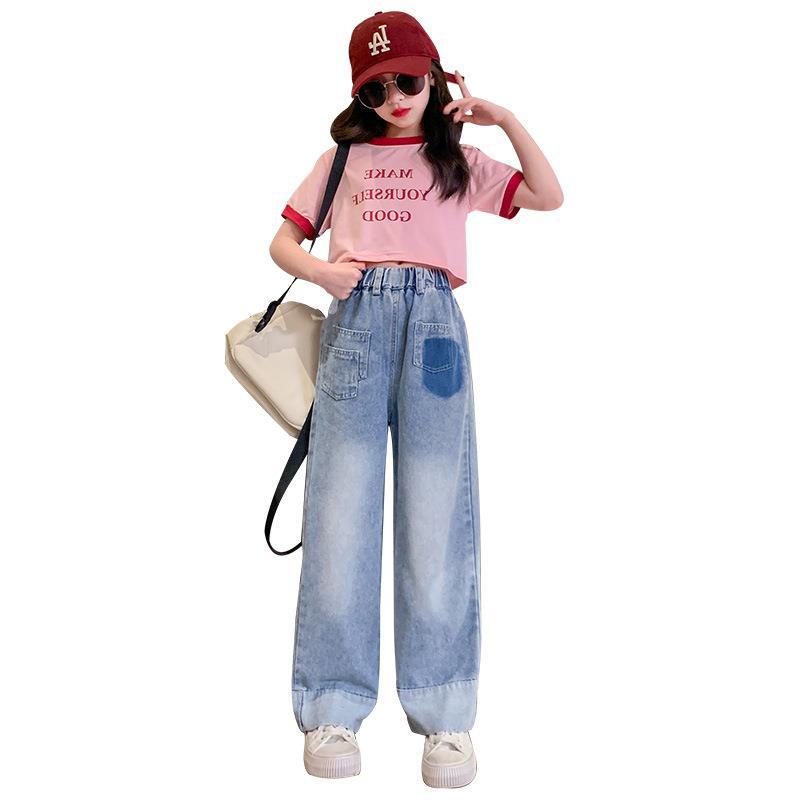 Girls Summer Suit New  Big Children Letter T-shirt Fashionable Street Jeans Two-piece Trendy Set