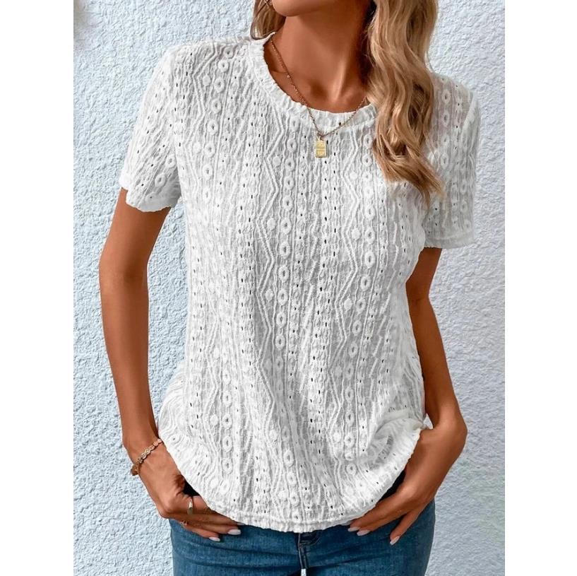 Amazon 2023 European and American Foreign Trade Cross-border Women's Summer Comfortable and Fresh and Sweet Round Neck Hollow Short-sleeved T-shirt for Women