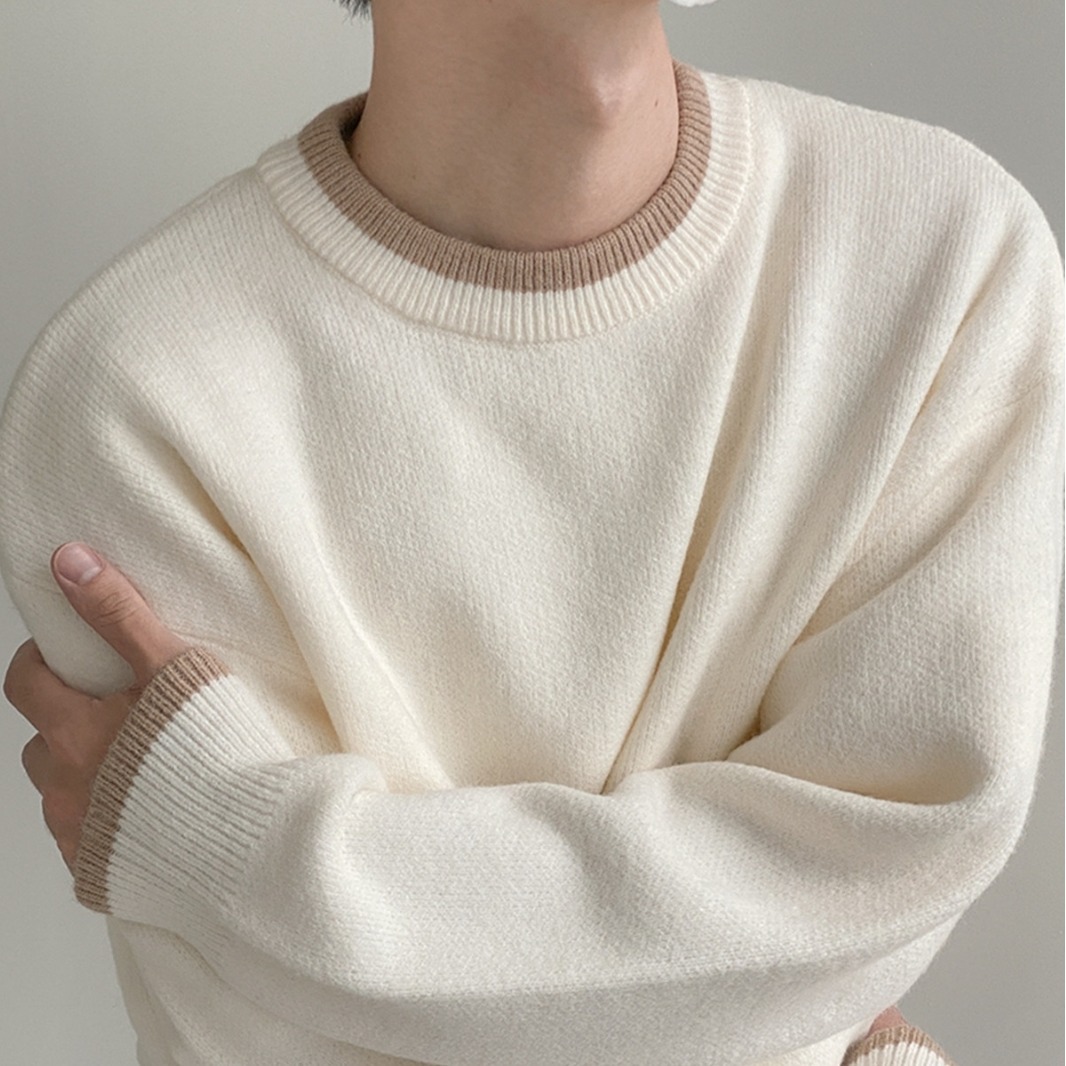 Collar contrast color autumn and winter New sweater men's round neck warm color loose outer wear sweater men's Korean style trendy bottoming - ShopShipShake