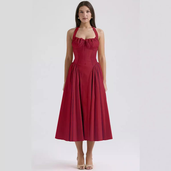2025 New Summer Slim Sling Long Dress European and American Style Fashion Printed Neck Lace dress