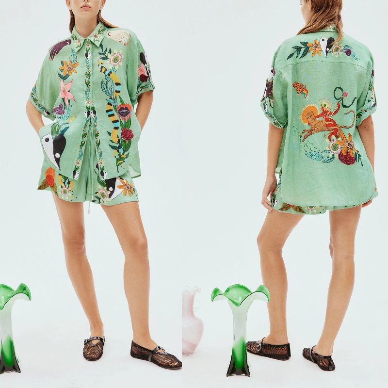 Cross-border independent station Amazon 2023 new European and American casual two-piece suit cotton and linen printed shirt + shorts