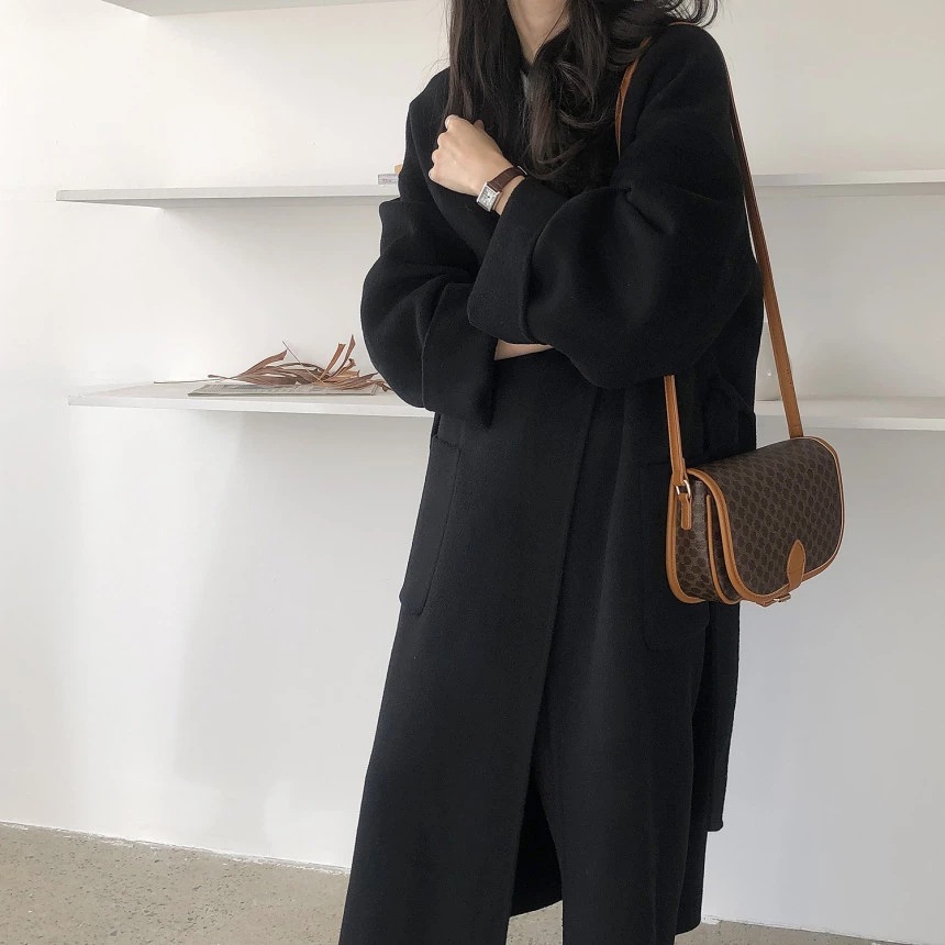 South Korea Dongdaemun 2023 autumn and winter New lace-up cashmere coat Women's Mid-length loose over-the-knee woolen coat_voghion.com