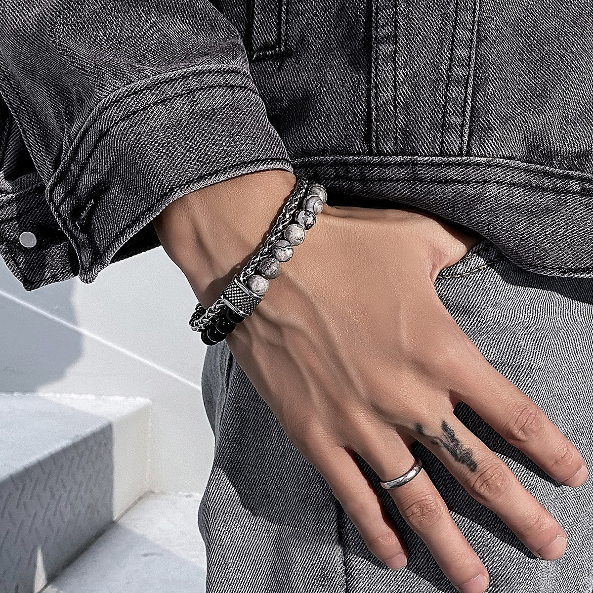 New European and American frosted map Stone Bracelet Men's double-layer beaded otbuckle transfer beads titanium steel all-match bracelet jewelry fashion
