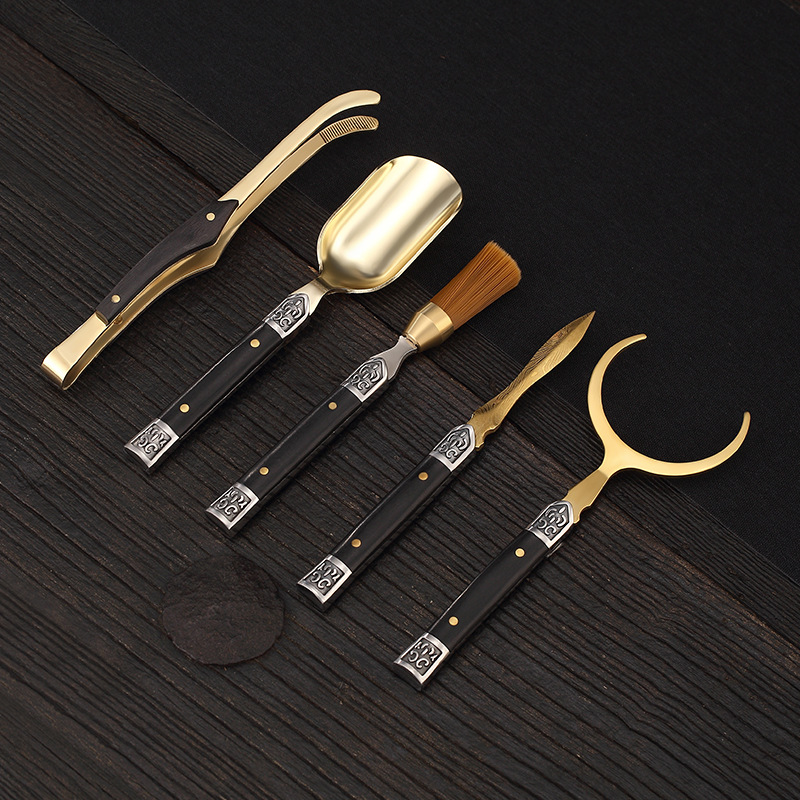 Brass Tea Ceremony Six Gentleman Copper Wood Tea Clip Tea Knife Tea Spoon Kung Fu Tea Set Accessories Cup Fork Pot Pen Tea Art Accessories