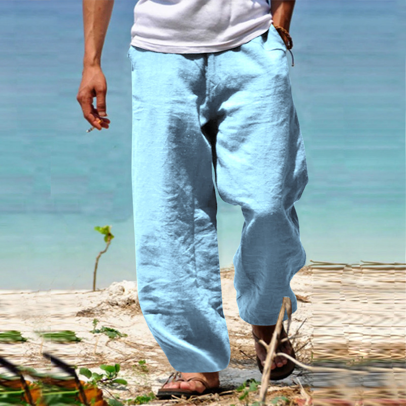 European and American Cotton and Linen Casual Pants 2023 Spring New Men's Loose Cotton and Linen Drawstring Hip-Hop Light Wide Leg Straight Pants Men's Wear