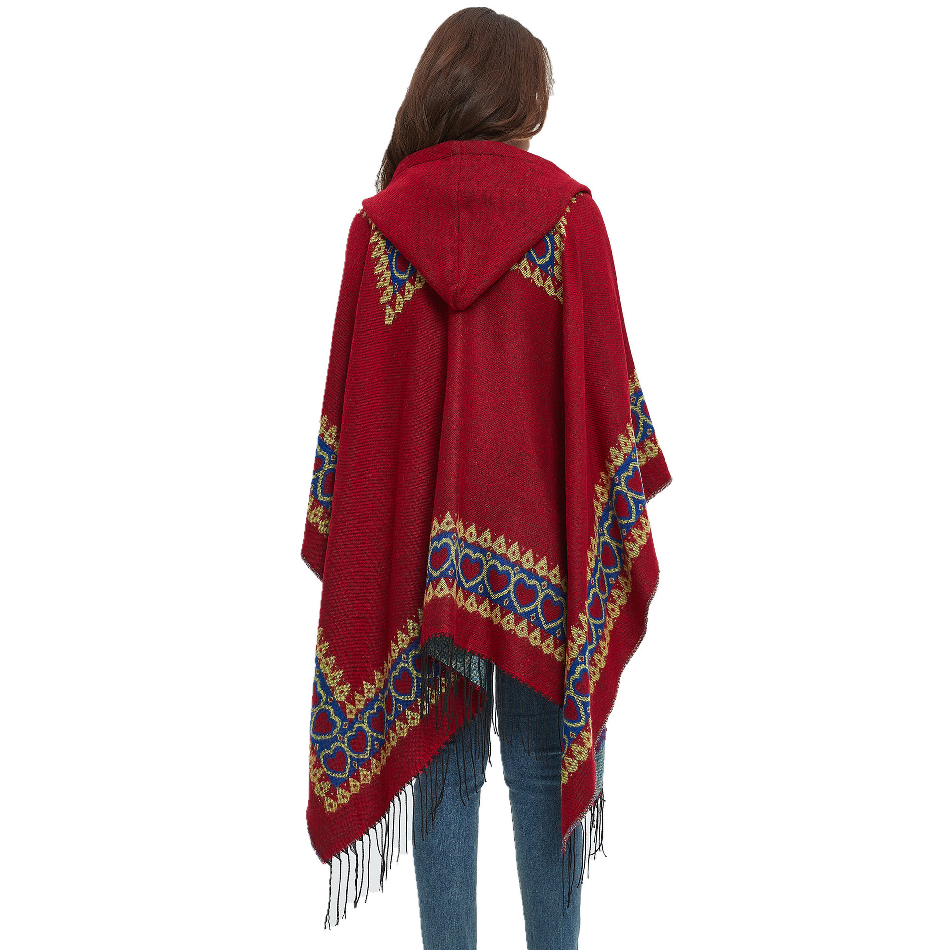 Cross-border 23 foreign trade new shawl European and American spring and autumn winter cloak ethnic style lovely red tassel hooded cloak