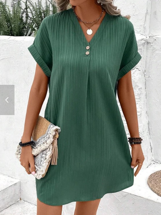 Cross-border European and American Women's 2023 New Amazon V-neck Solid Color Pullover Comfortable Casual Button Dress