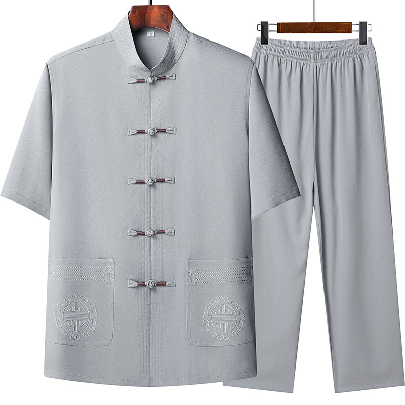 Middle-aged and Elderly Men's Short-sleeved Tang Suit Cotton and Linen Summer Grandpa Thin Two-piece Suit Dad Summer Half-sleeved Men