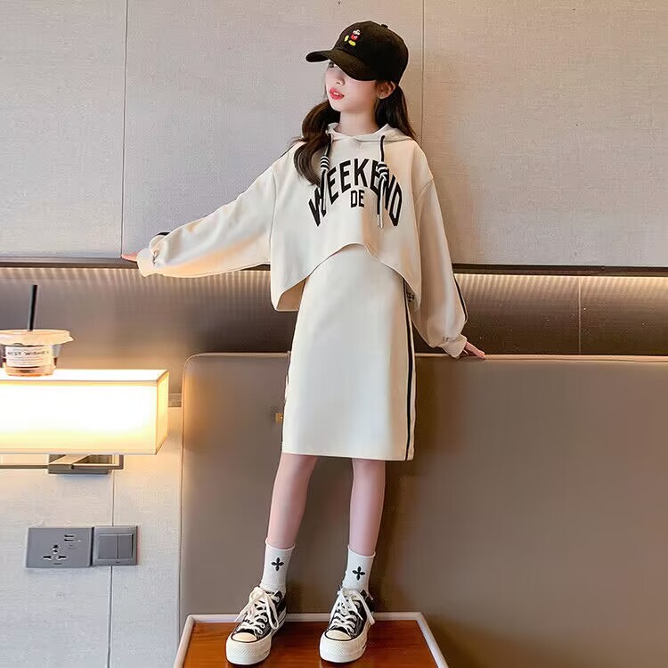 Girls' Spring Hooded Set Big Children's Dress Spring Girl's Korean Style Fashion Sweatshirt Vest Skirt Two-Piece Set