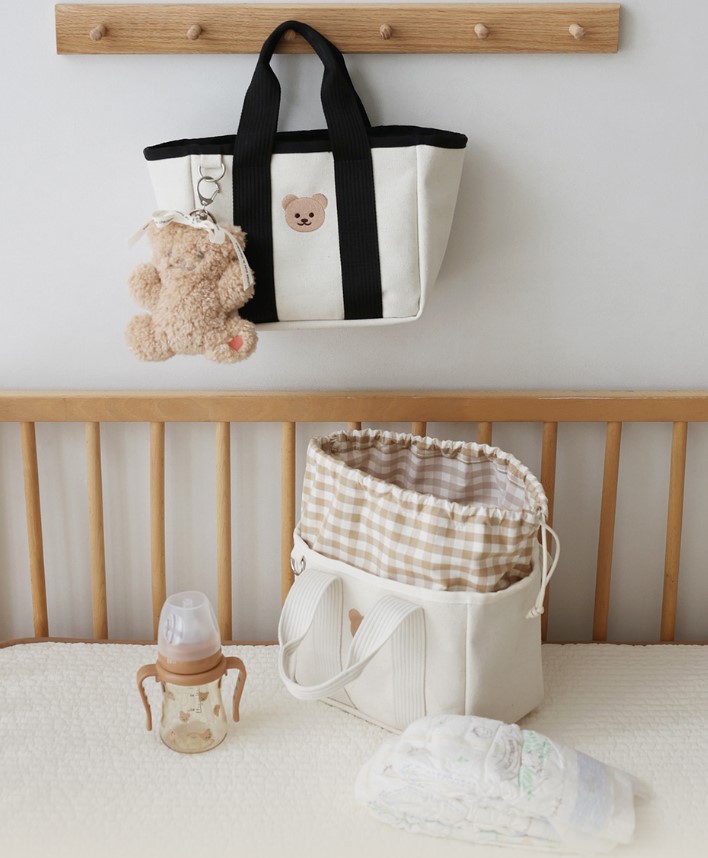 Korean Style ins Drawstring Storage Multi-Functional Portable Baby Walking Baby Bag Embroidered Bear Canvas Bag Lightweight Outgoing Bag