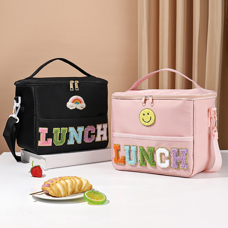 Towel Embroidered Letters Outdoor Large Capacity Crossbody Shoulder Picnic Bag Camping Picnic Travel Thermal Insulation Portable Lunch Bag