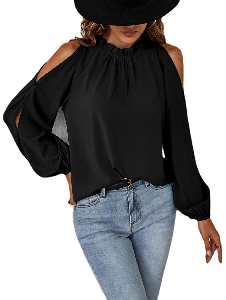 Amazon European and American cross-border spring and summer new women's solid color lotus leaf round neck long sleeve pleated off-shoulder fashion blouse