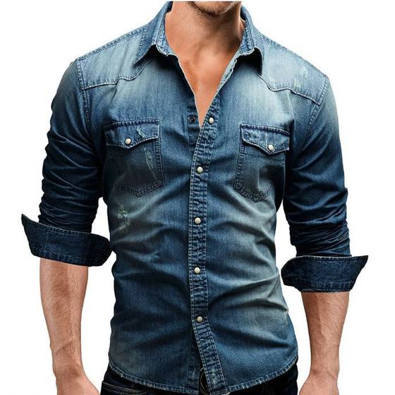 Foreign Trade Cross-border New Men's Long-sleeved Shirt European and American Style Youth Casual Solid Color Stitching Men's Denim Shirt for Men