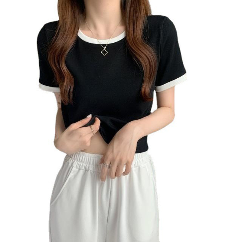 2022 New Summer Base Shirt Korean Slim-fit Short Student Top Trendy Contrast Crewneck Short-sleeved T-shirt for Women