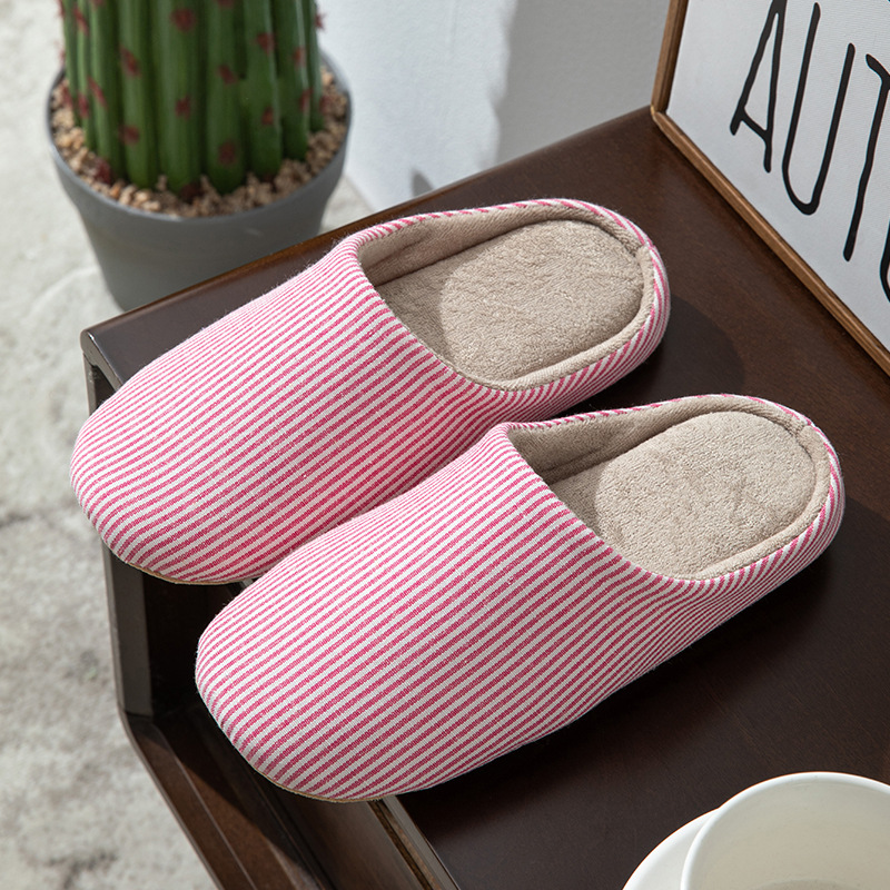 Vertical Stripe Japanese Indoor Home Wooden Wooden Floor Warm Men's and Women's Four Seasons Home Cotton Slippers Solid Color Stripe