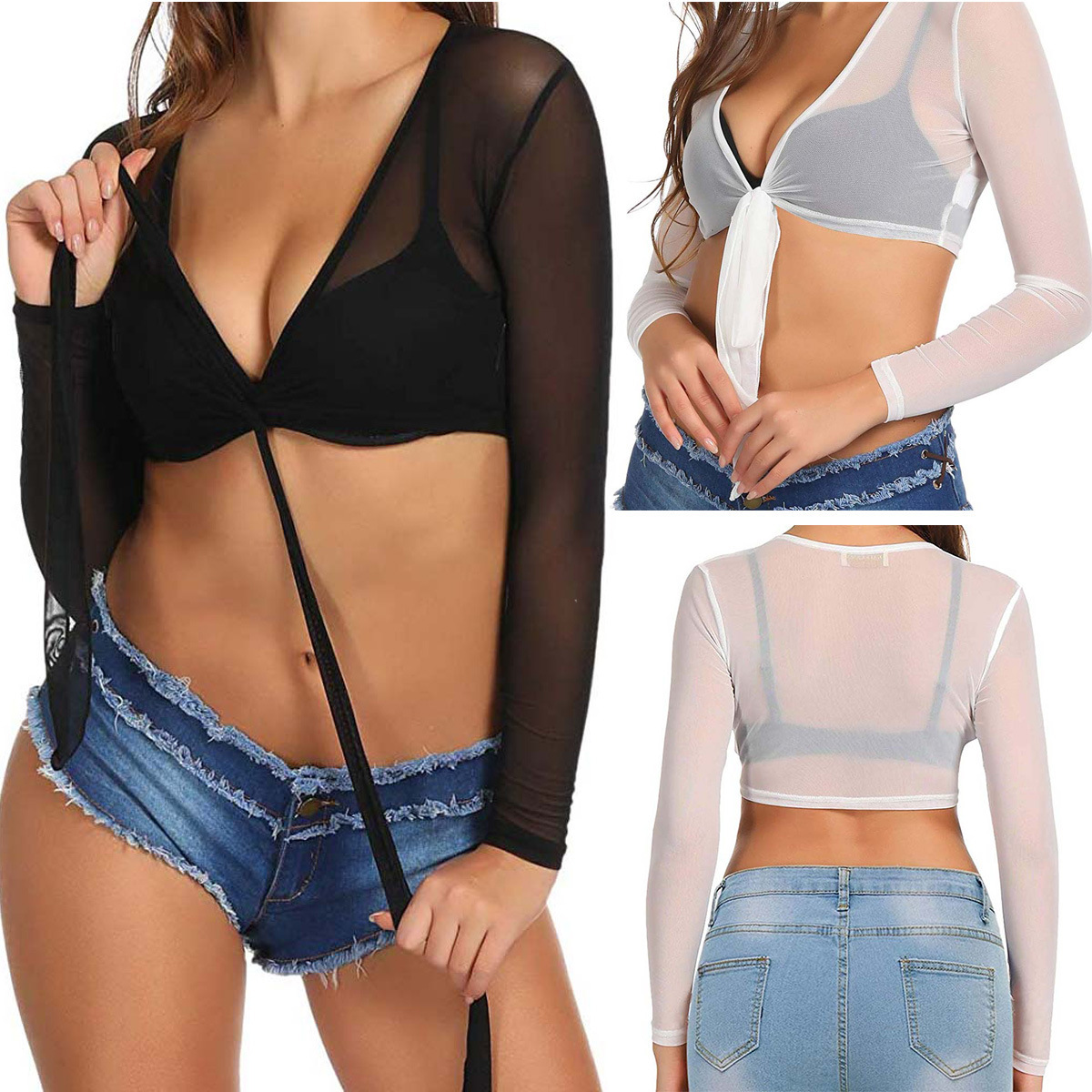 European and American women's summer sexy twisted long-sleeved mesh solid color short top for women