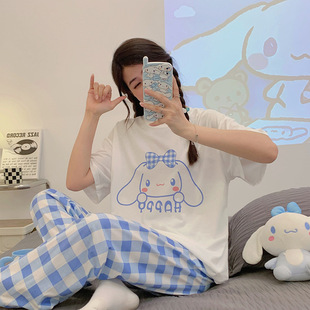 Short Sleeve Pants Pajamas Women's Knitted Cotton Round Neck Cartoon Cute Home Clothes 2024 Korean Casual Home Clothes Summer
