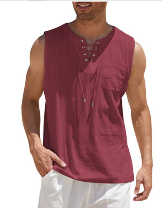 2024 Amazon New Men's Sleeveless Top Eaby Medieval Air Eye Lace-up Collar Men's Pullover Lining