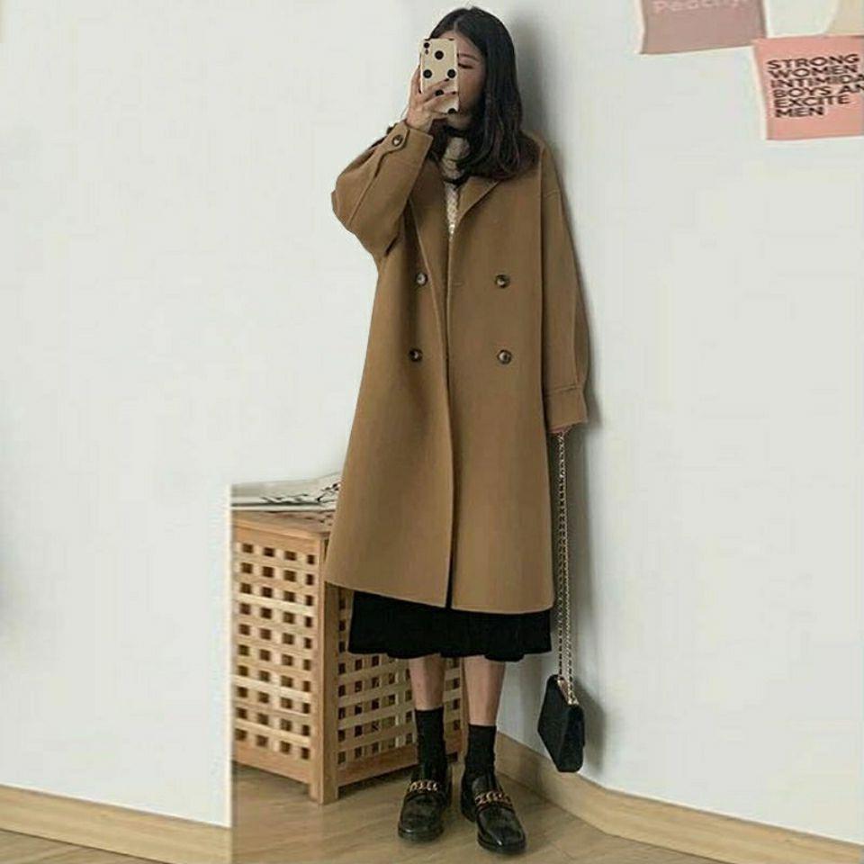 Wollmantel Damen Mittellang Klein Frühling und Herbst Neuer Hepburn-Stil Koreanischer Lockerer Beliebter Wollmantel Strickjacke_voghion.com