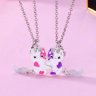 Fox necklace cartoon children's magnet BFF good friend alloy drop oil necklace suit