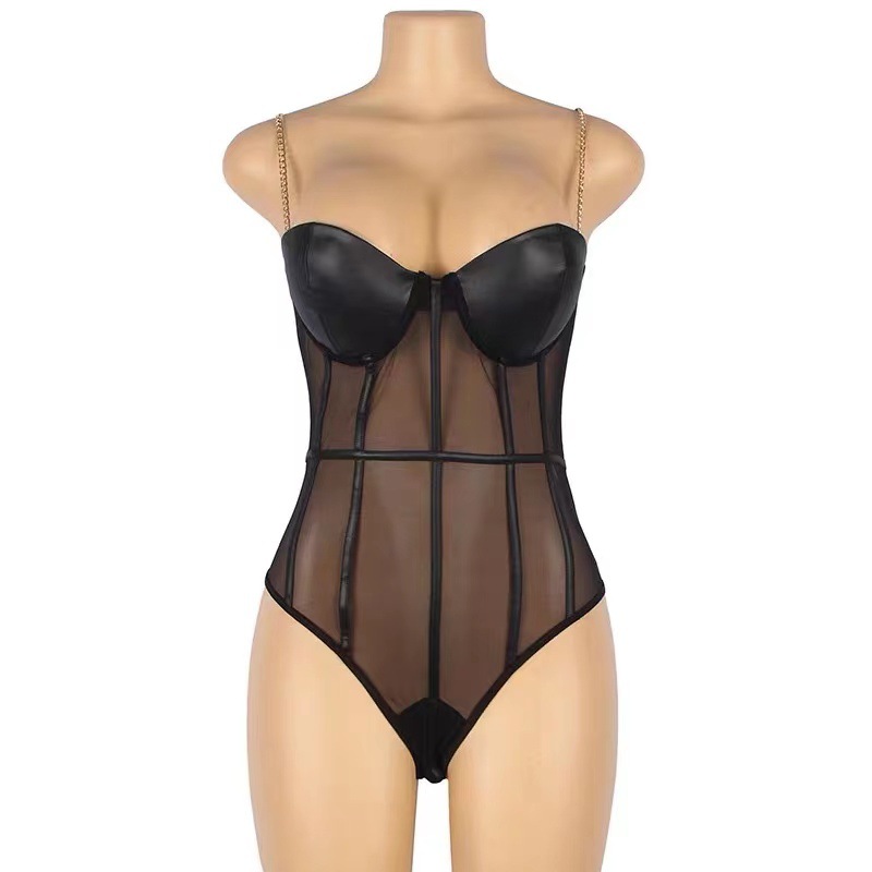 European and American fashion metal chain sling top mesh thin steel support push up underwear corset jumpsuit_voghion.com
