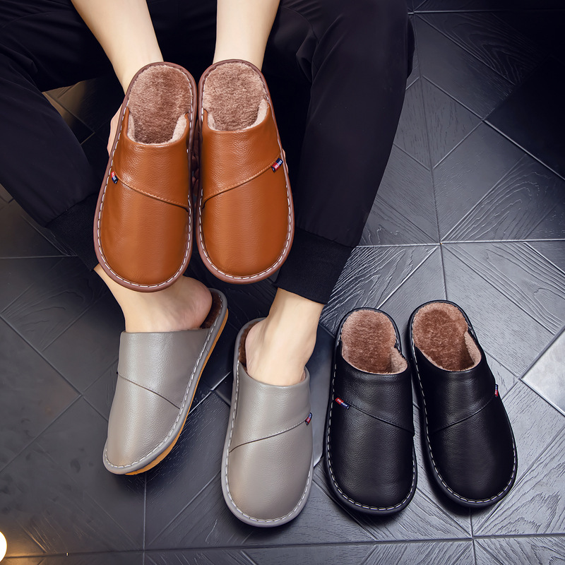 Autumn and Winter Genuine Leather Slippers for Men and Women Home Indoor Thick Bottom Non-Slip Waterproof Warm Cotton Slippers for Winter