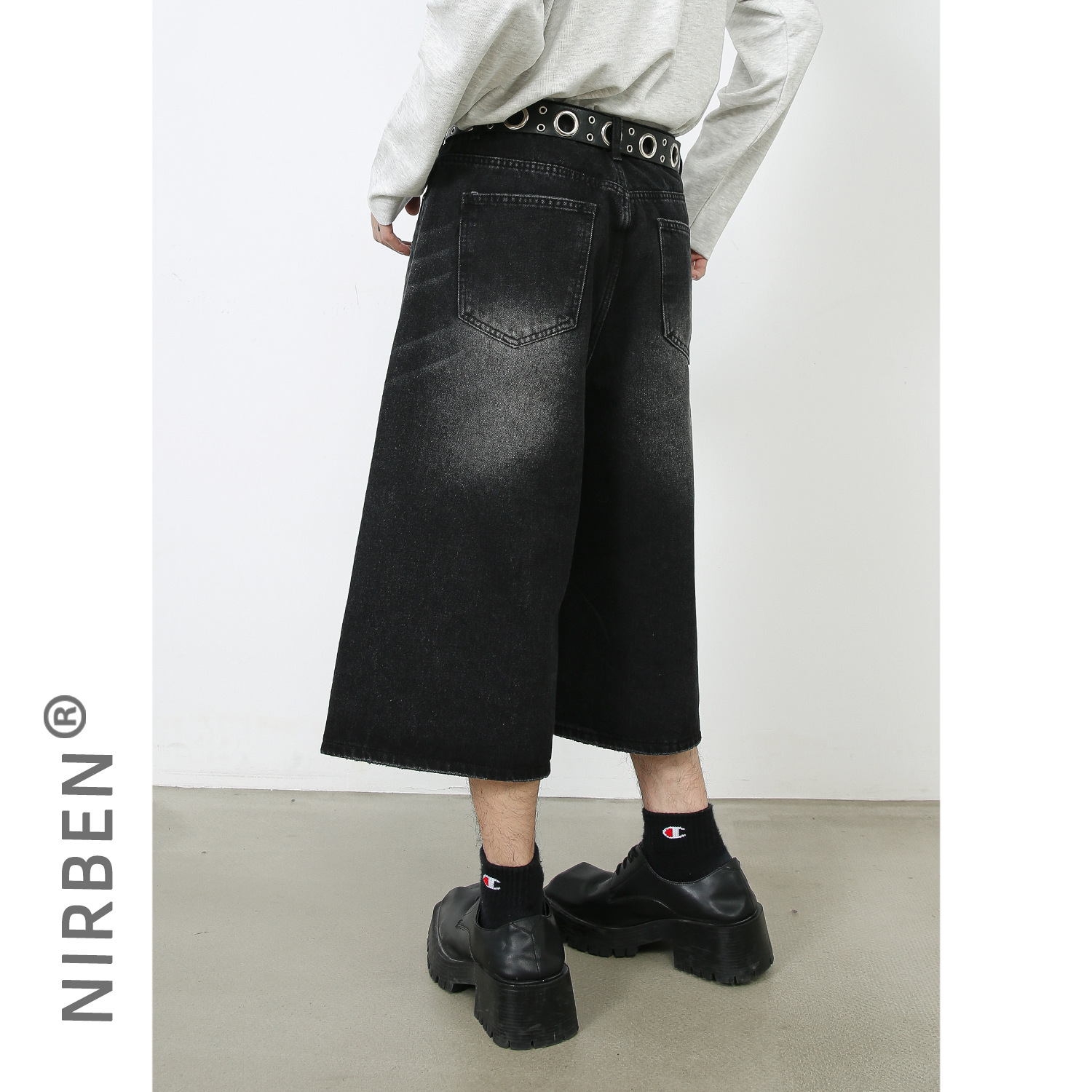 nirben Denim | New American-style black and gray large trousers loose Denim cropped pants Korean-style trendy men's wide-leg pants