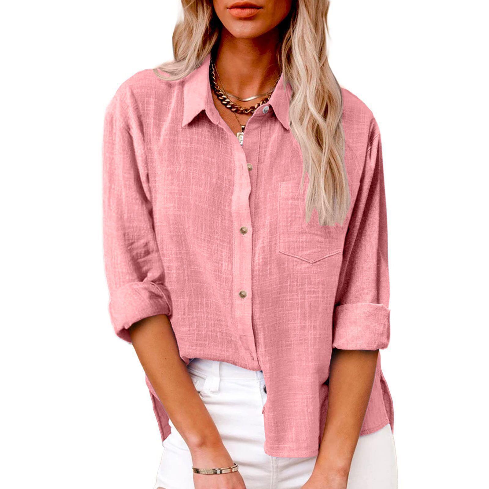 2024 women's clothing Autumn New pocket split cotton and linen long sleeve shirt