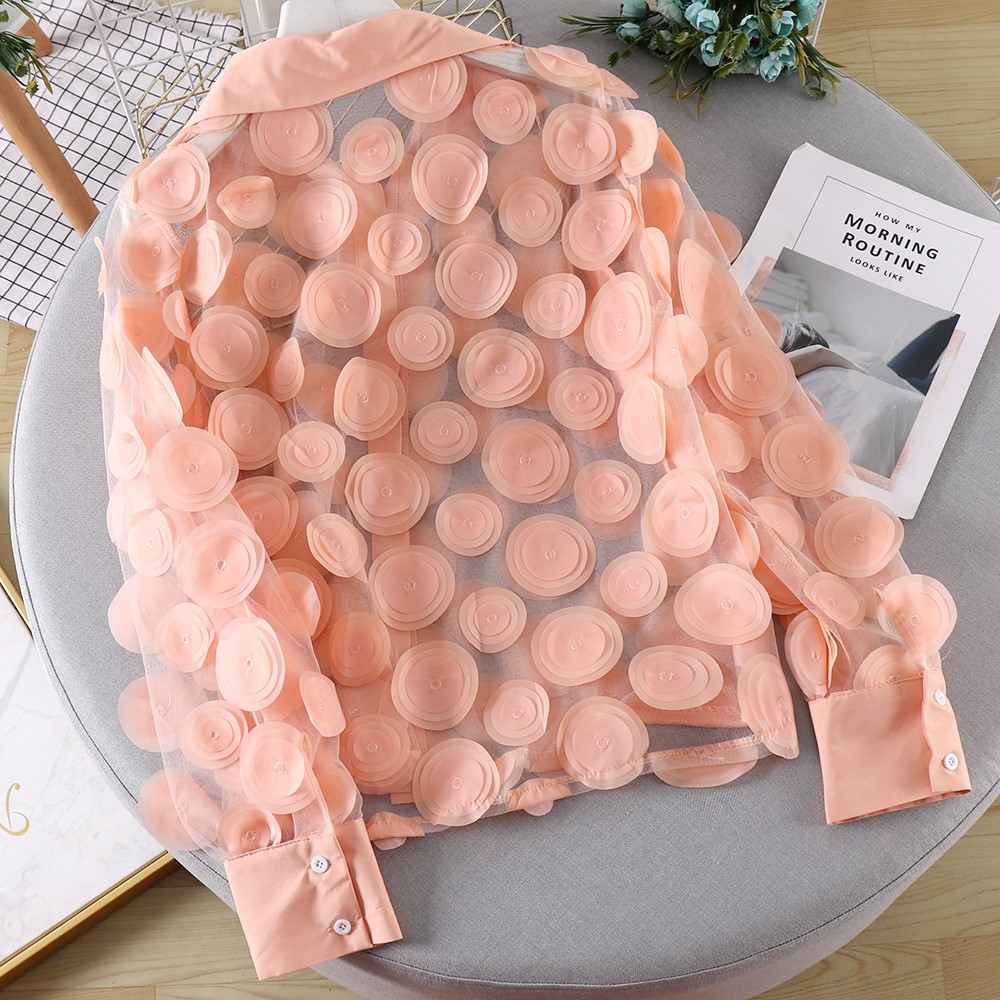 French Court Style Three-dimensional Flower Stage Dress Women's Chiffon Shirt Hollow Lantern Sleeve Stylish Mesh Shirt Women