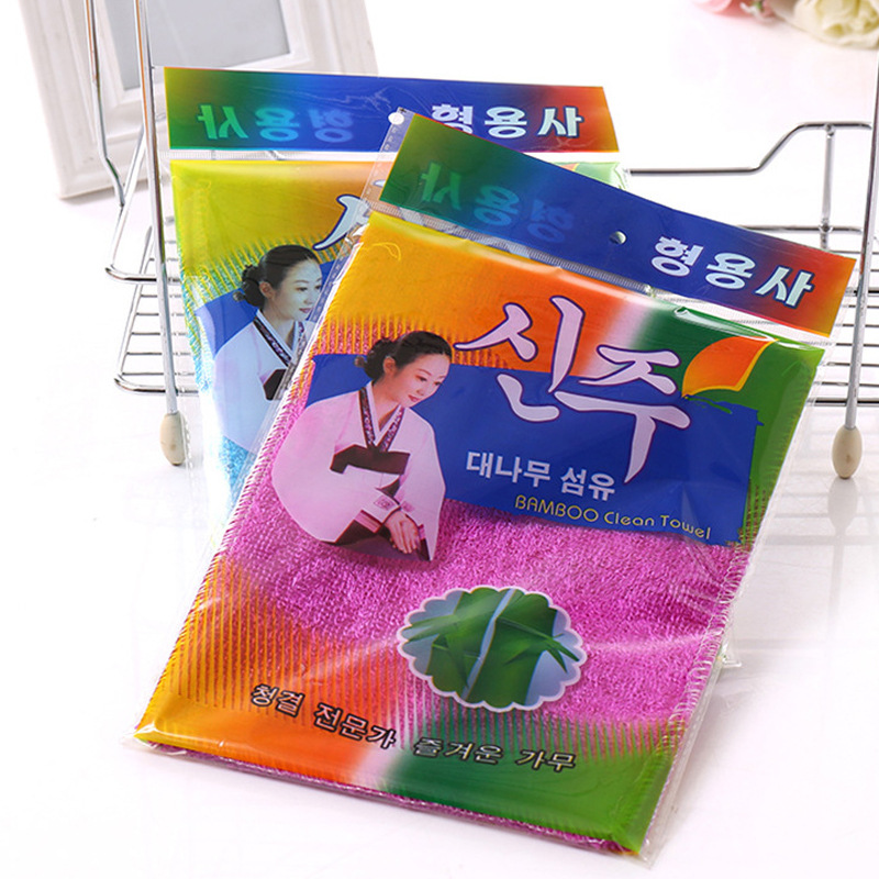 Supply wholesale multi-functional Korean bamboo fiber dishwashing Towel Double layer oil-free scouring pad kitchen cloth
