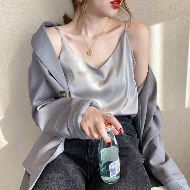 Satin Imitation Silk Camisole Women's Inner Satin V-Neck Spring and Summer Loose Slimming Base Shirt Outer Wear Large Size Batch