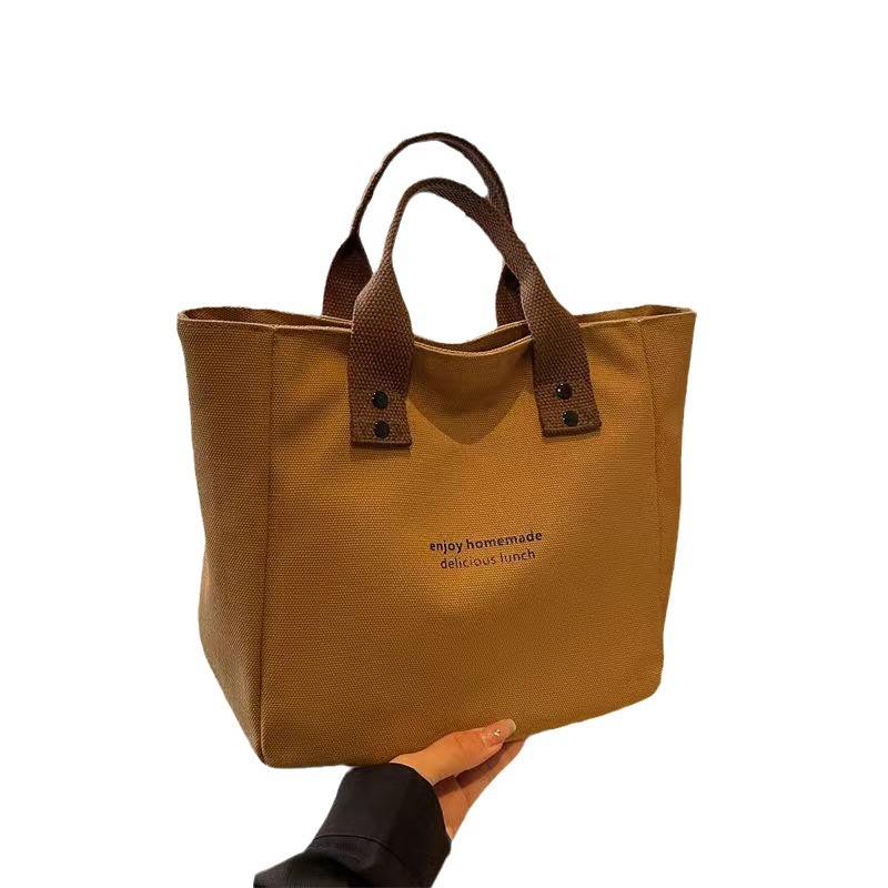 Cross-border new canvas solid color handbag Japanese-style office worker simple lunch box bag contrast color shoulder bag factory wholesale