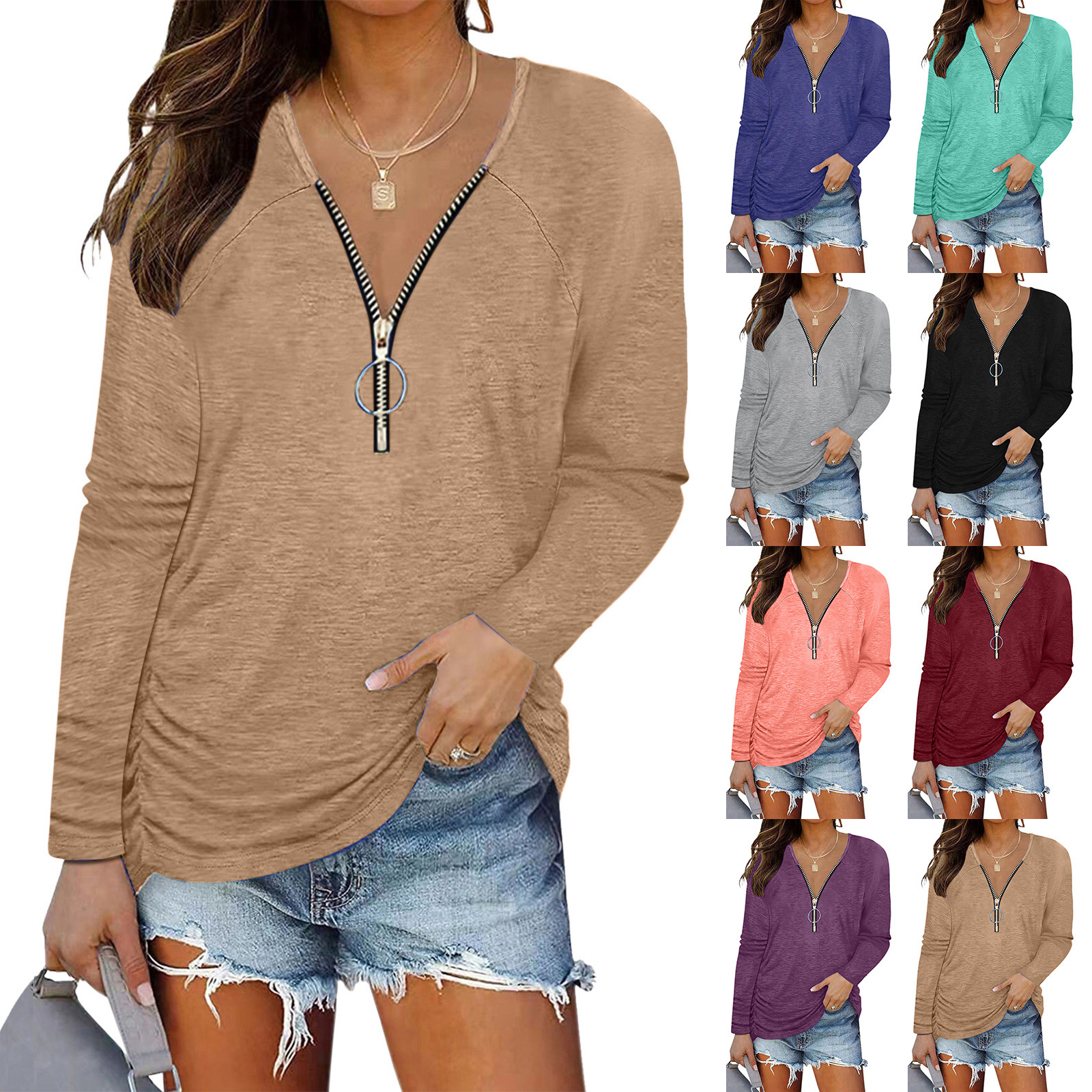 Cross-border European and American Women's Clothing 2022 Autumn Amazon New Chest Zipper Pleated Casual Long Sleeve T-shirt Top Women