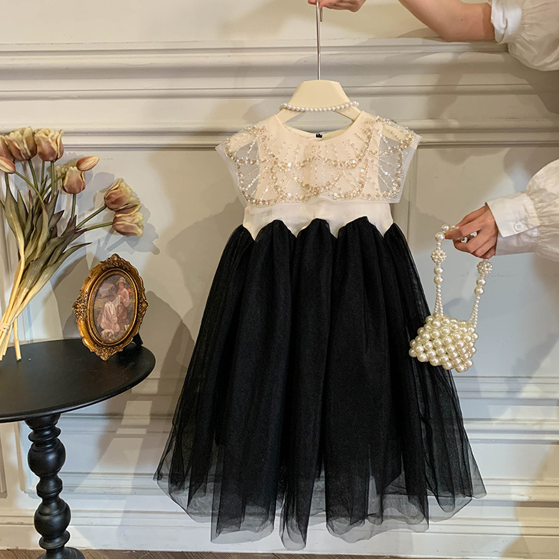 2024 summer new square collar heavy industry mesh stitching sleeveless vest skirt girls princess skirt gauze skirt dress