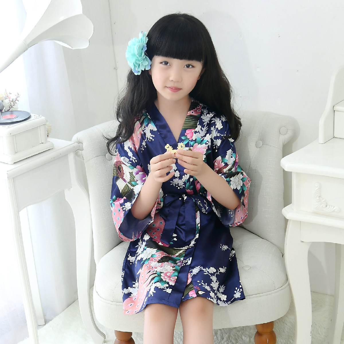 Cross-border silk children's nightgown foreign trade Peacock girls' bathrobe kimono printed summer Amazon bathrobe