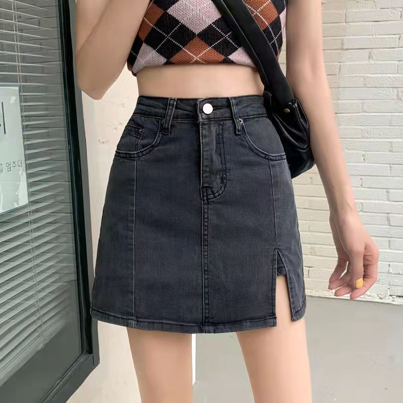Split Skirt Denim Skirt 23 New European and American Spice Girls ins Internet Popular Sexy High Waist A- Shaped Hip Skirt Women