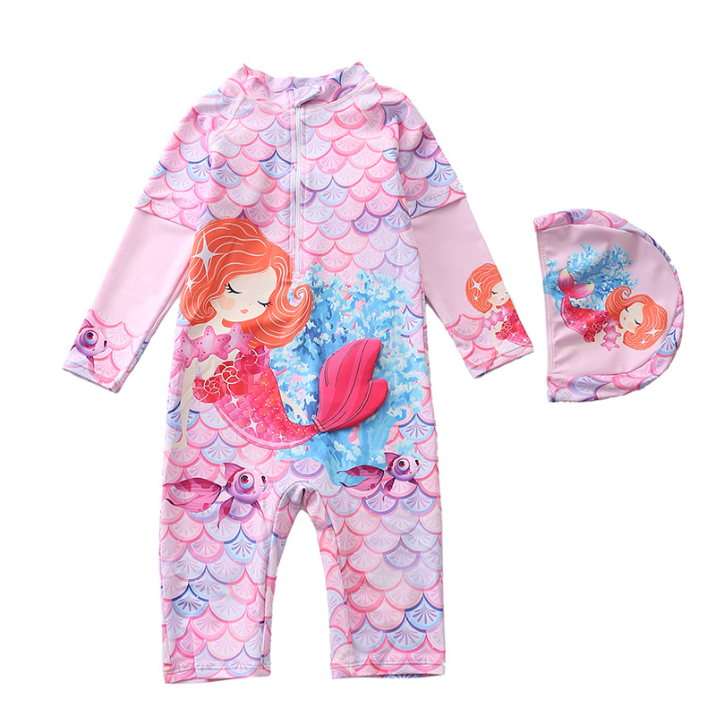 New Children's Swimwear Girls' one-piece Middle and Big Children's Swimwear Mid-length Trousers Half-length Trousers Long-sleeved Anti-sunscreen Girls' Swimwear